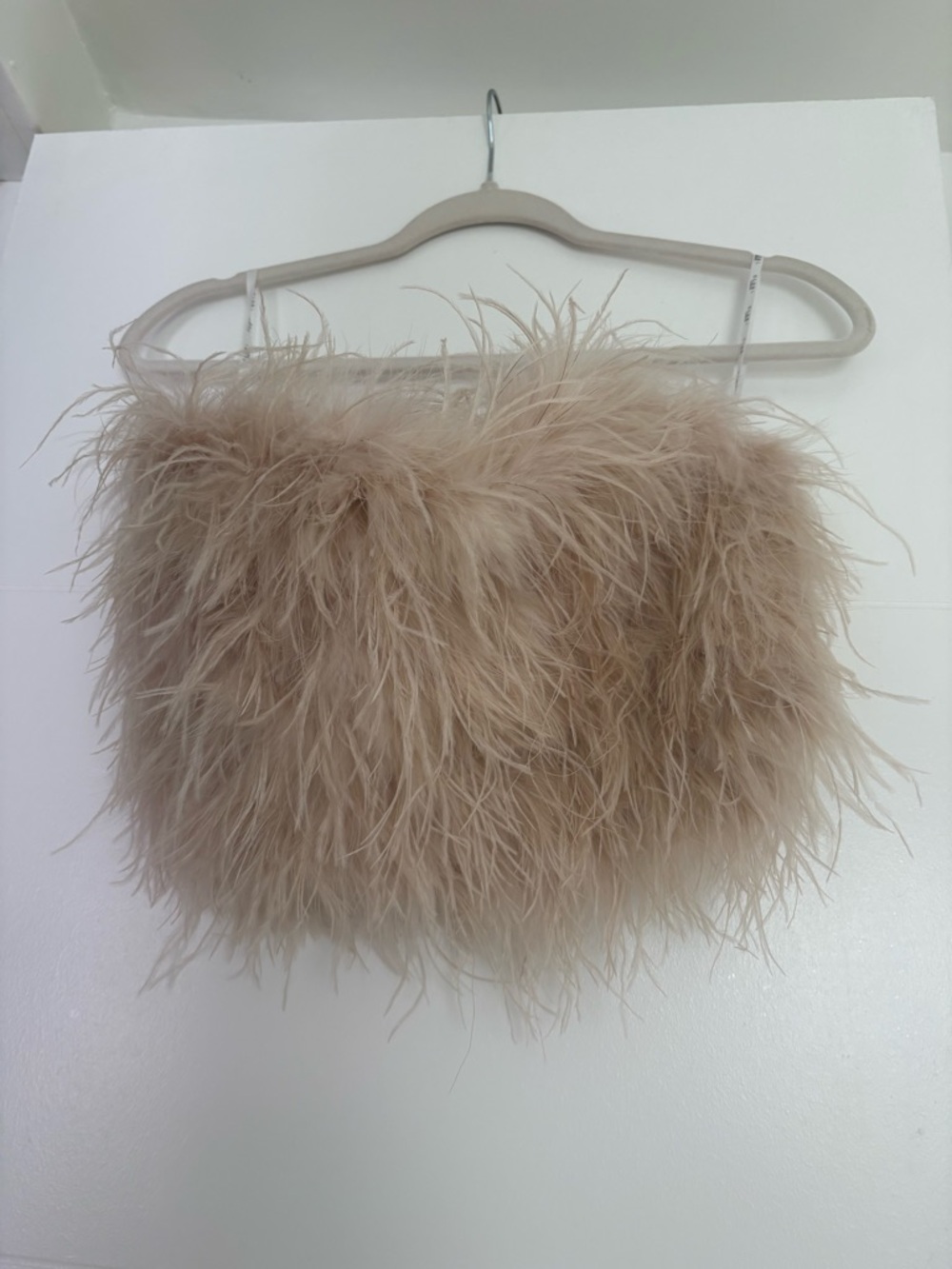 Club L London Beige Feathered Strapless Crop Top